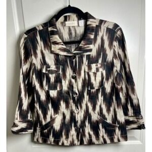 Chico's Linen Size 4‎ Black Brown Print Front Button Jacket Chic Boho Layering